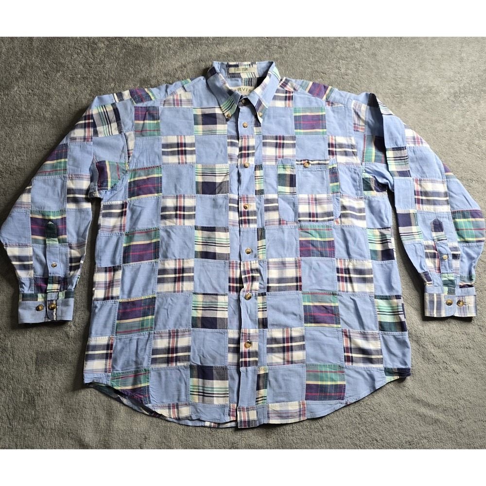 Vintage ORVIS Shirt Mens Large Blue Plaid Patchwork Long Sleeve Button Up